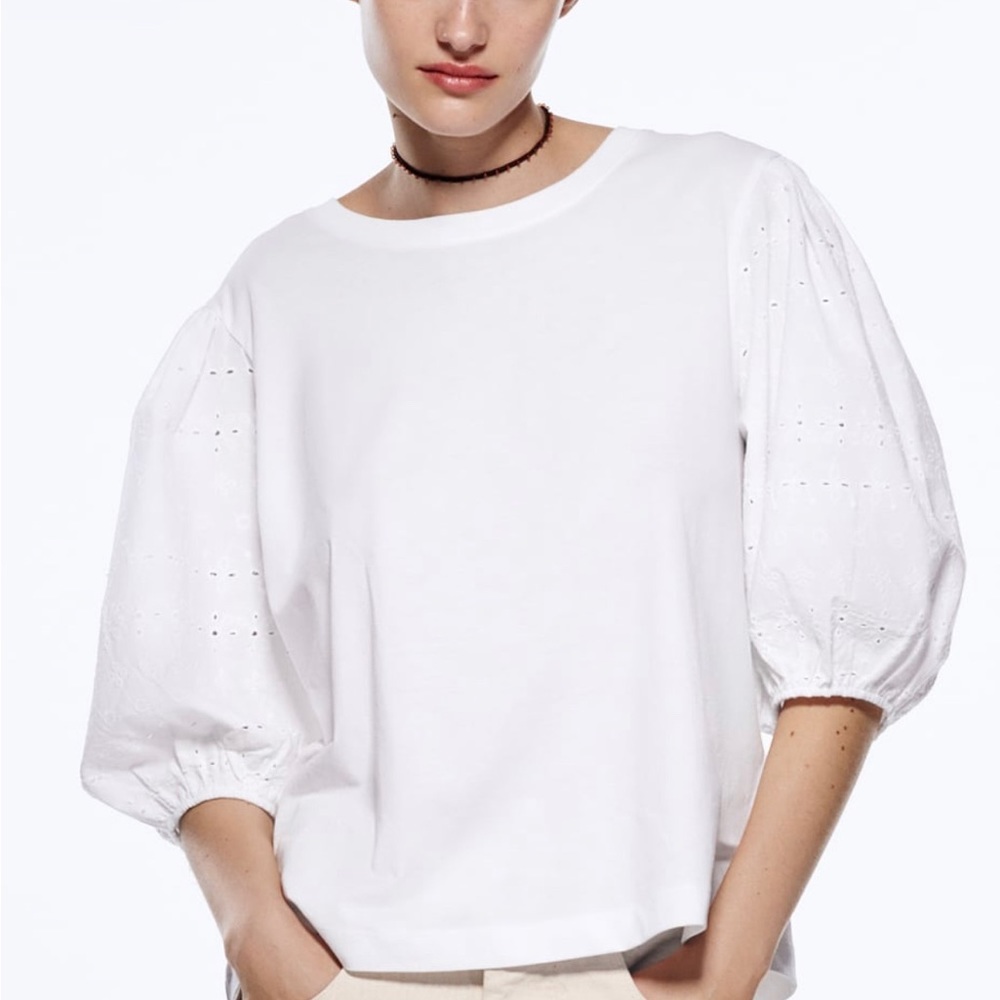 Zara Embroidered Eyelet Sleeve T-Shirt
